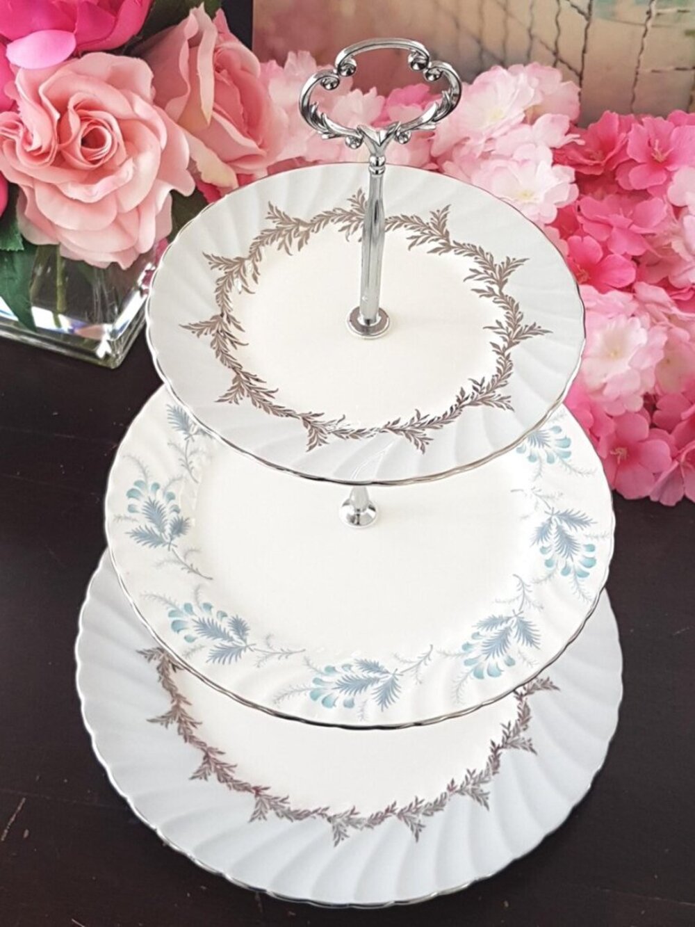 3 Tier Cake Stand: Gray-Blue & Silver Bridgerton-Inspired Dessert Serving
